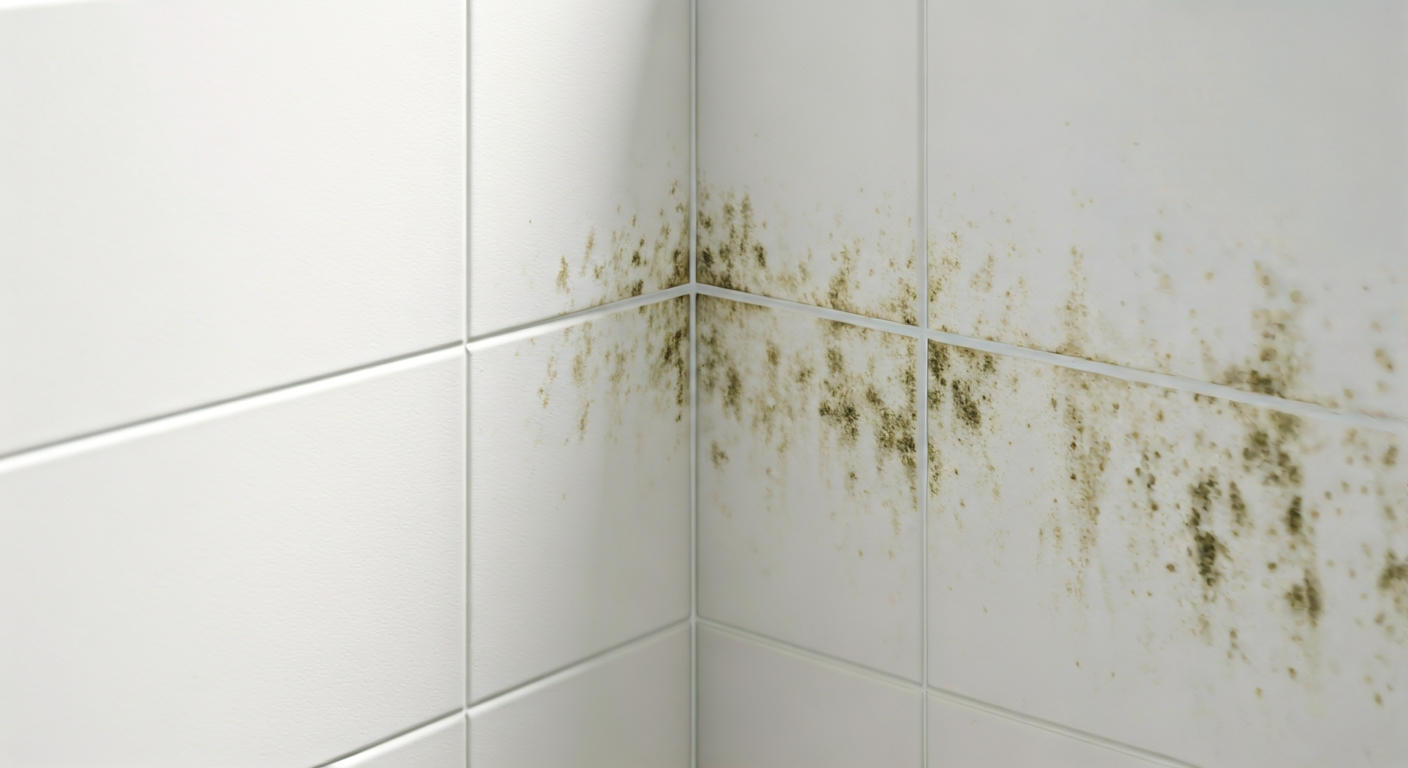 Professional photo of a bathroom corner with visible signs of mold growth on grout, emphasizing the