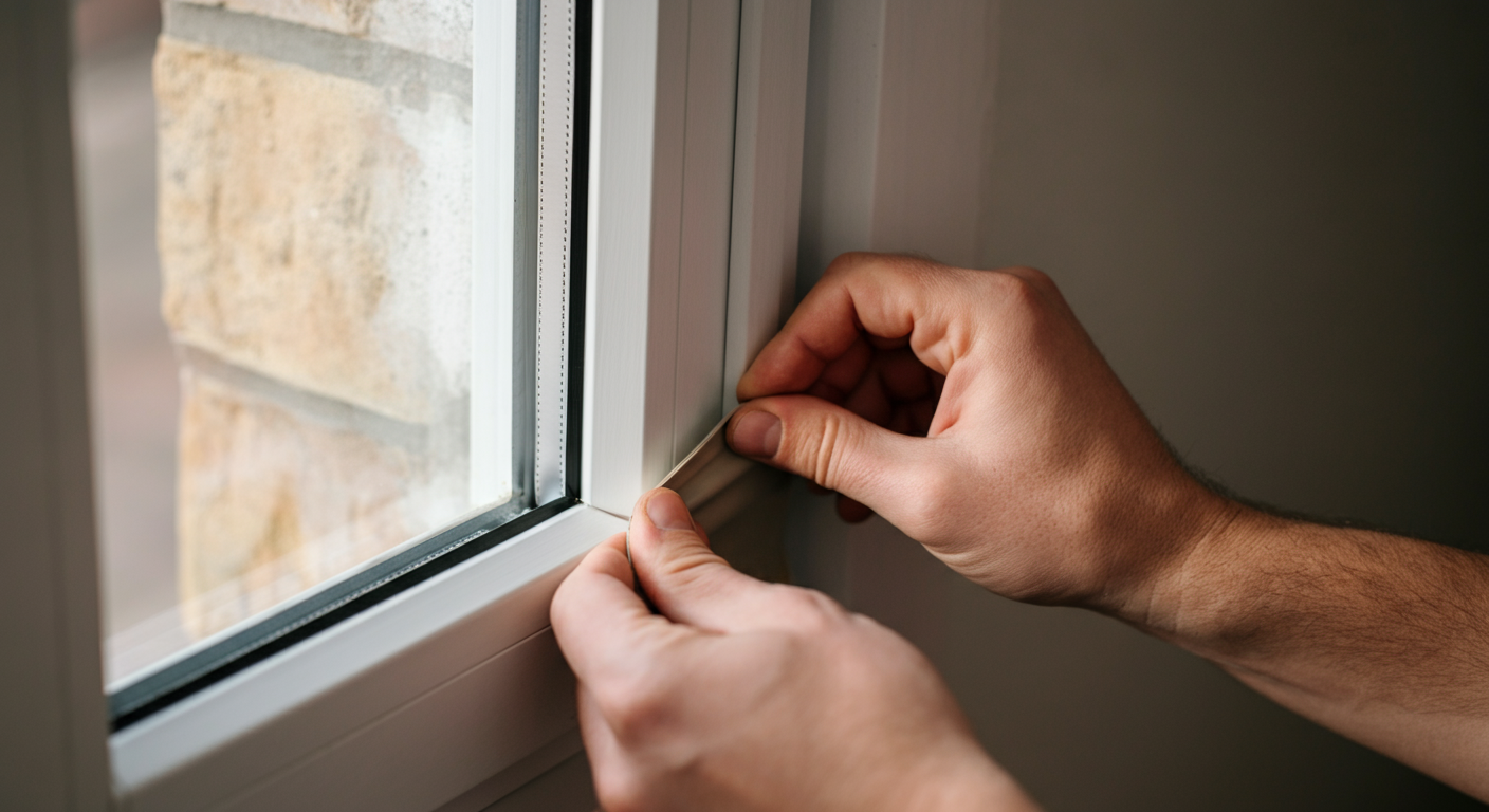 Close-up professional photo of hands applying weatherstripping to a window frame, highlighting a pra