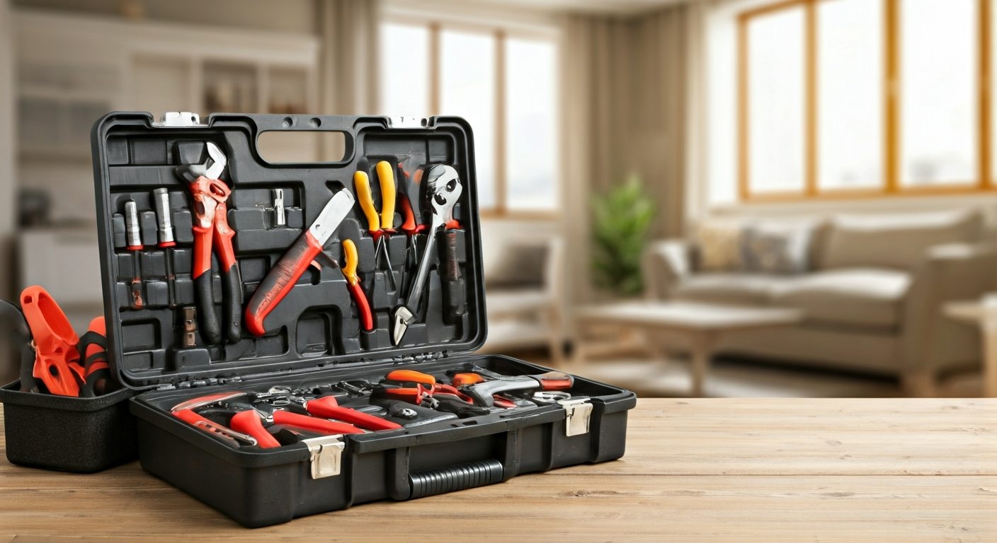 Professional photo of a well-organized toolbox with various tools neatly arranged, next to a partial