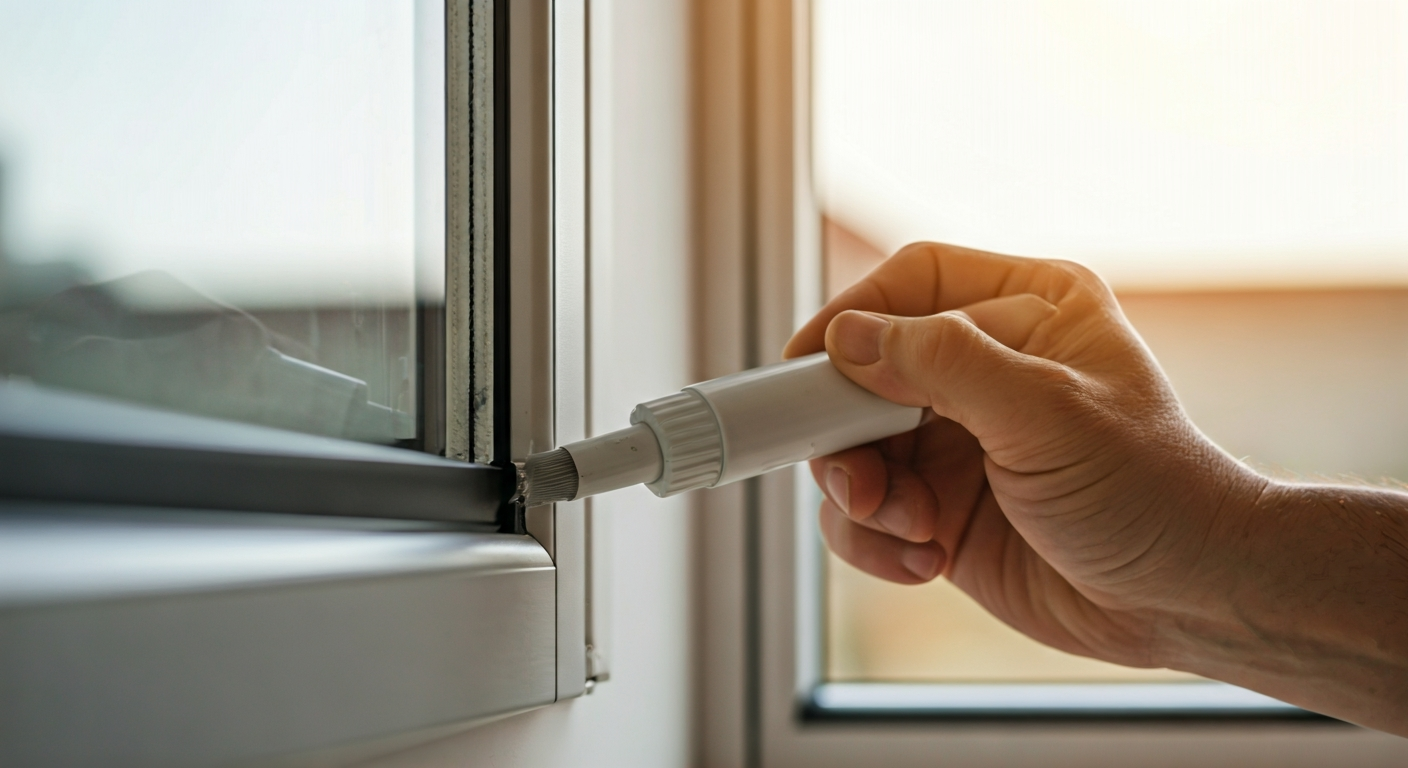 Close-up, professional photograph of a hand carefully applying sealant around a window frame, with a