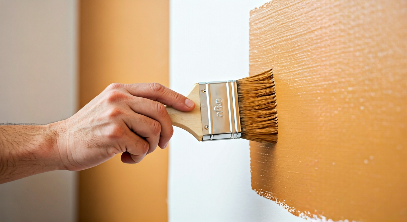 Professional, well-lit photograph showcasing a skilled hand using a paintbrush to apply a fresh coat