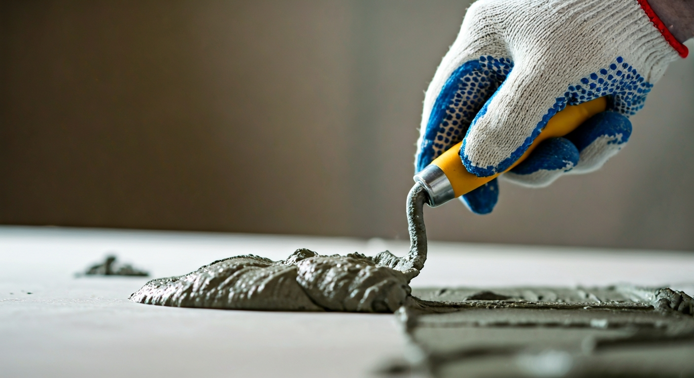 Close-up, professional photo of a hand wearing a work glove applying grout to a tile joint with a ru