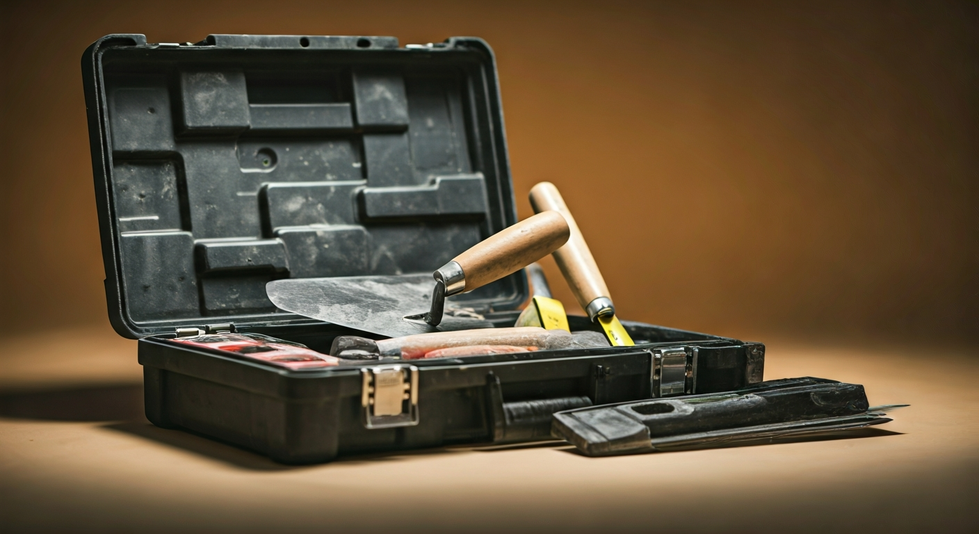 Professional photo showcasing a toolbox neatly organized with essential masonry tools like a trowel,