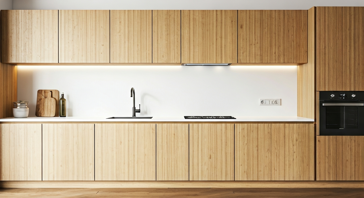 Professional photo of a modern kitchen interior featuring sleek, custom-built wooden cabinets and co