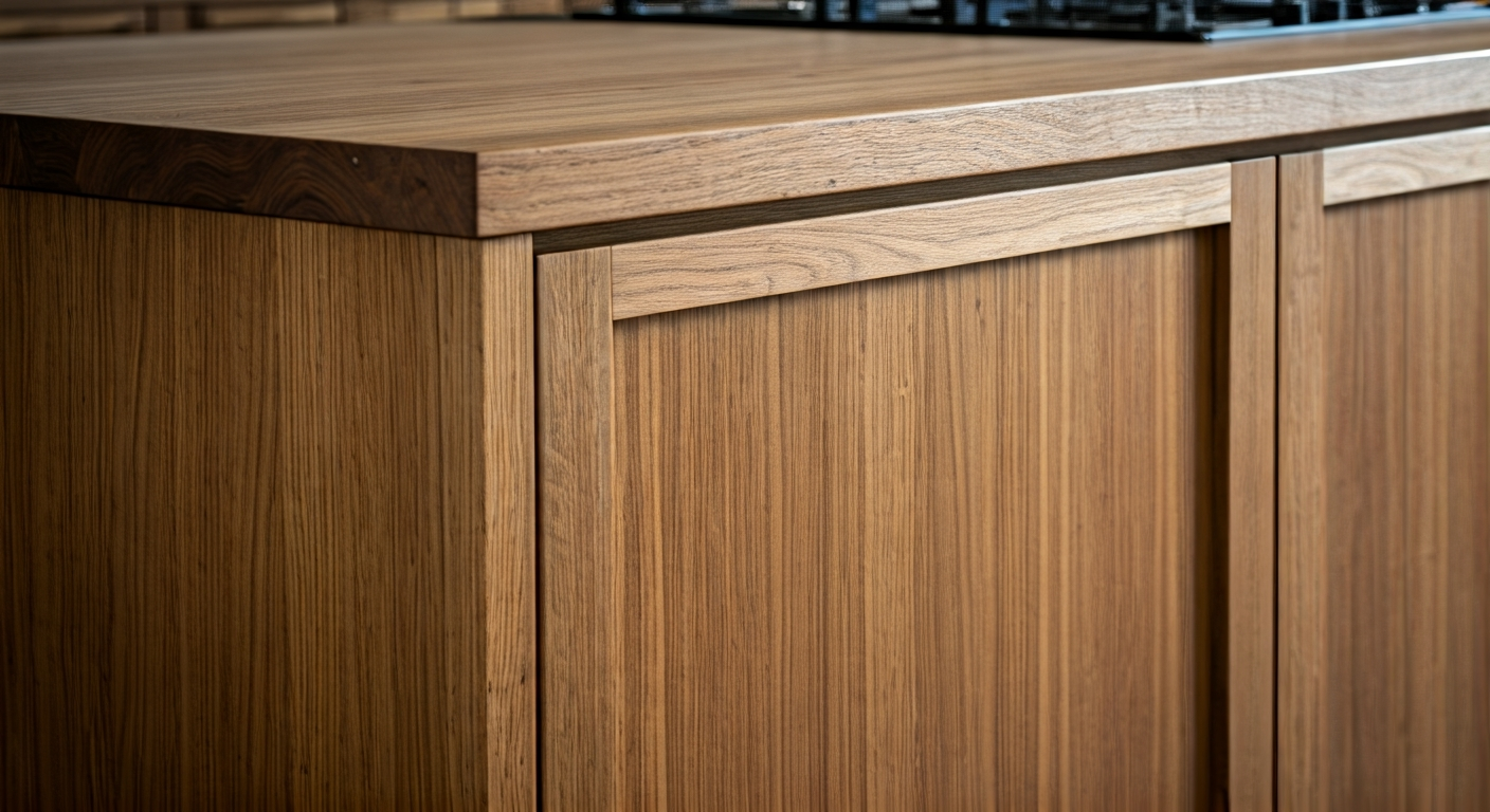 Close-up professional photo of a custom-made wooden kitchen island with integrated storage solutions