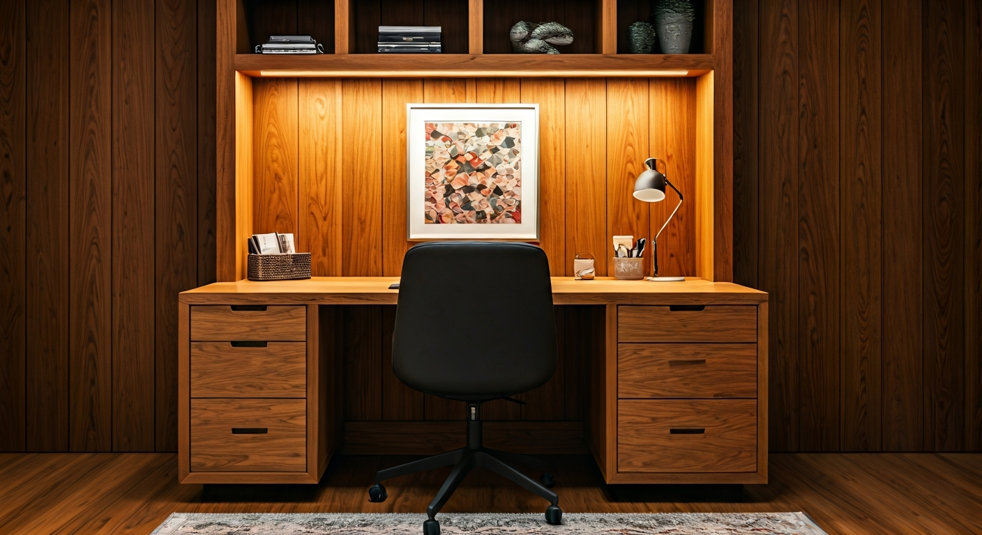 Professional photo of a meticulously organized home office setup featuring a custom-built wooden des