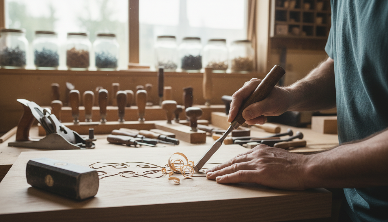 Close-up photo of a skilled carpenter's hands working on a piece of wood with precision tools in a w