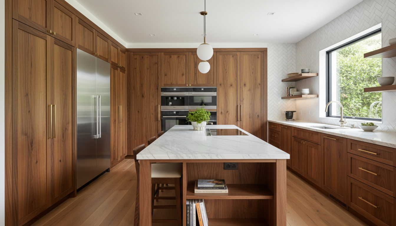 Professional photo of a beautifully designed custom kitchen with bespoke wooden cabinets, a function