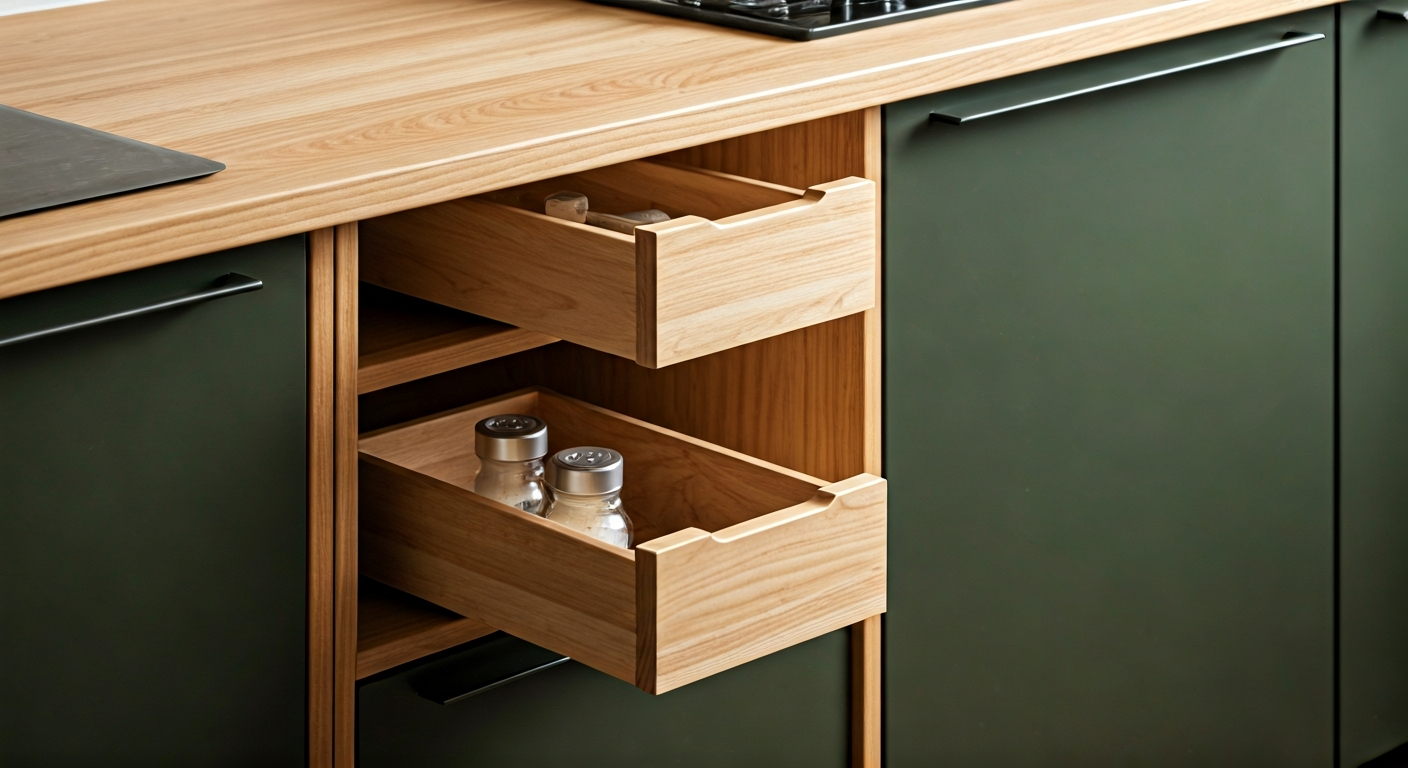 Close-up photo of a custom-designed, multi-functional kitchen cabinet with sliding drawers and organ