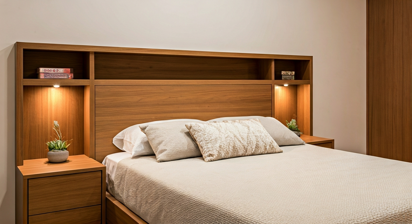 Professional photo of a bedroom featuring a custom headboard with integrated shelving and hidden sto