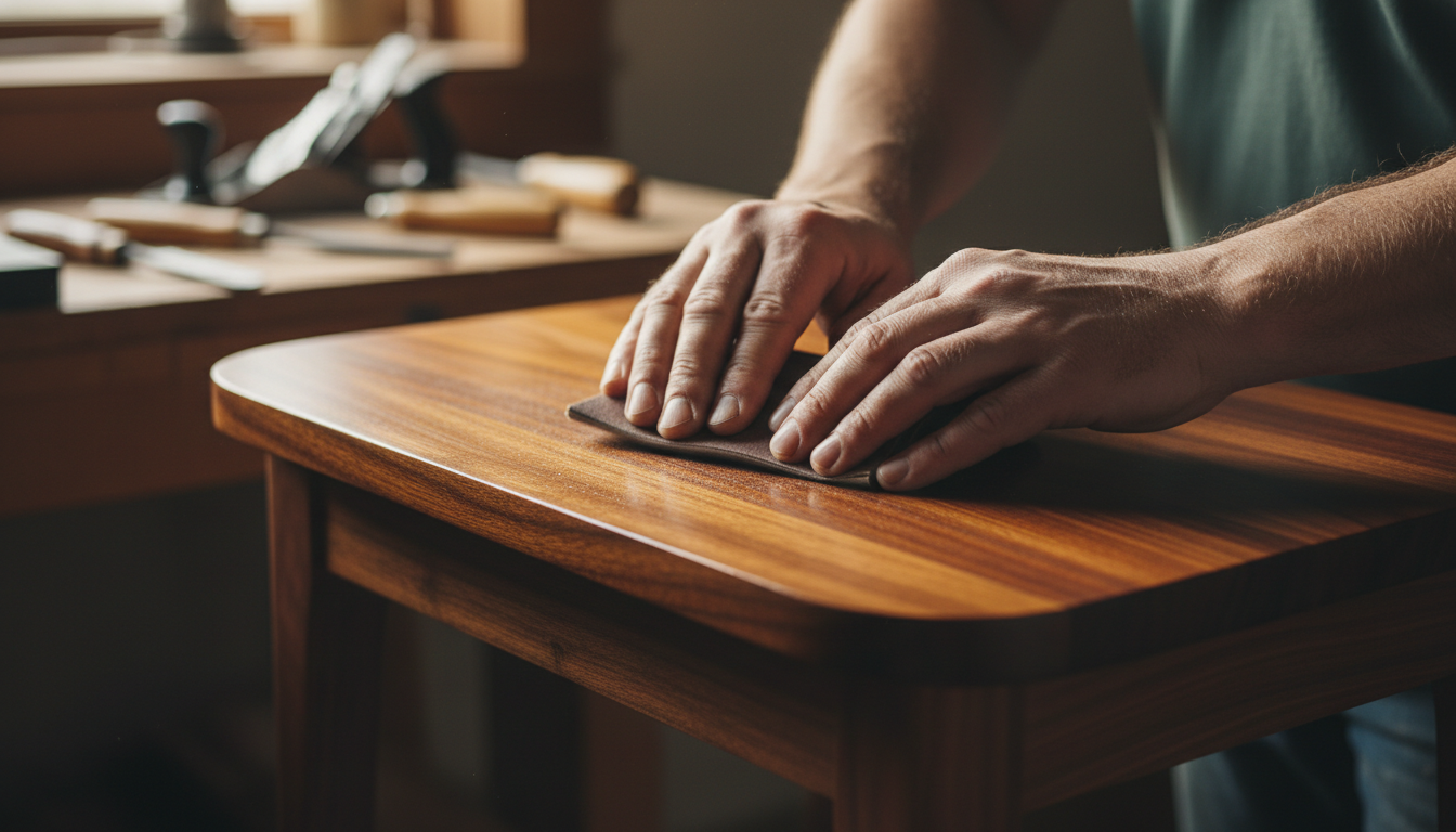Close-up photo of a carpenter's hands meticulously sanding a piece of custom-made wooden furniture,
