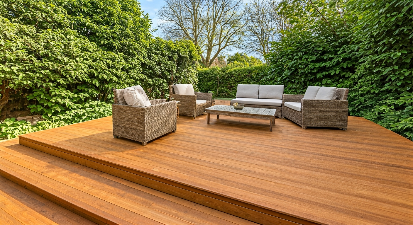 Professional photo of a beautifully crafted wooden deck with comfortable outdoor furniture in a lush