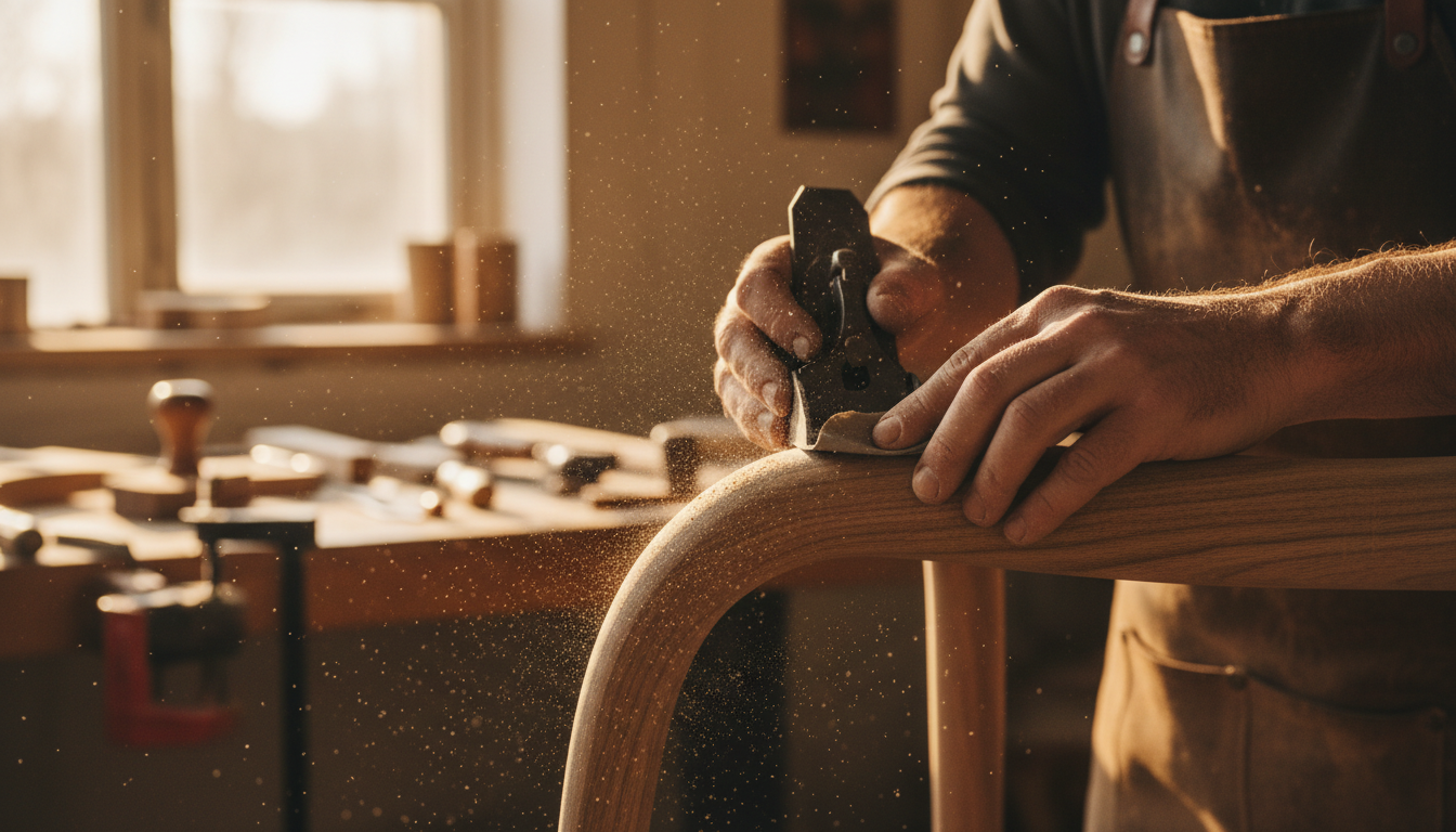 Close-up photo of a carpenter's hands expertly sanding a piece of custom wooden furniture, sawdust i