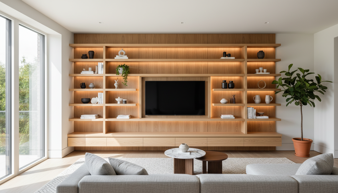 Professional photo of a beautifully designed living room with custom-made wooden shelves and a uniqu