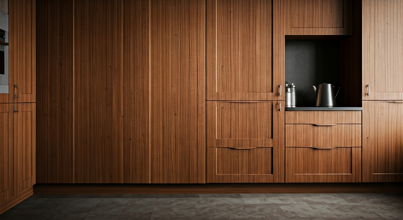 Professional photo of a beautifully crafted custom wooden kitchen cabinet, showcasing intricate deta