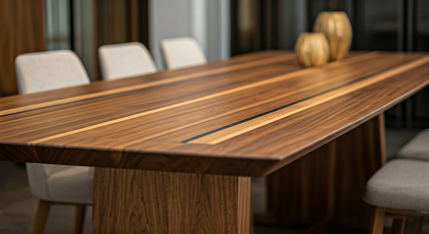Professional photo of a beautifully crafted wooden dining table with subtle inlay details, set in a