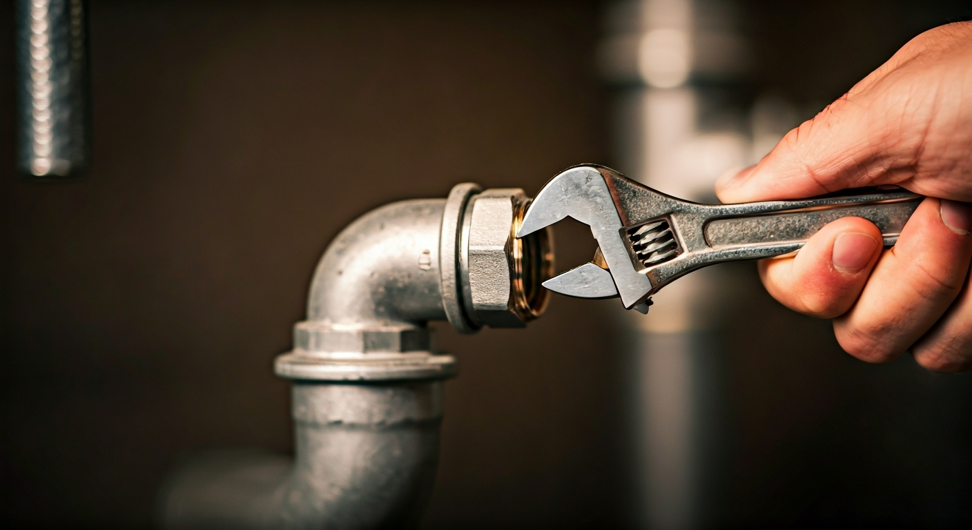 Close-up, professional photography of a hand holding a wrench, inspecting a clean household pipe con