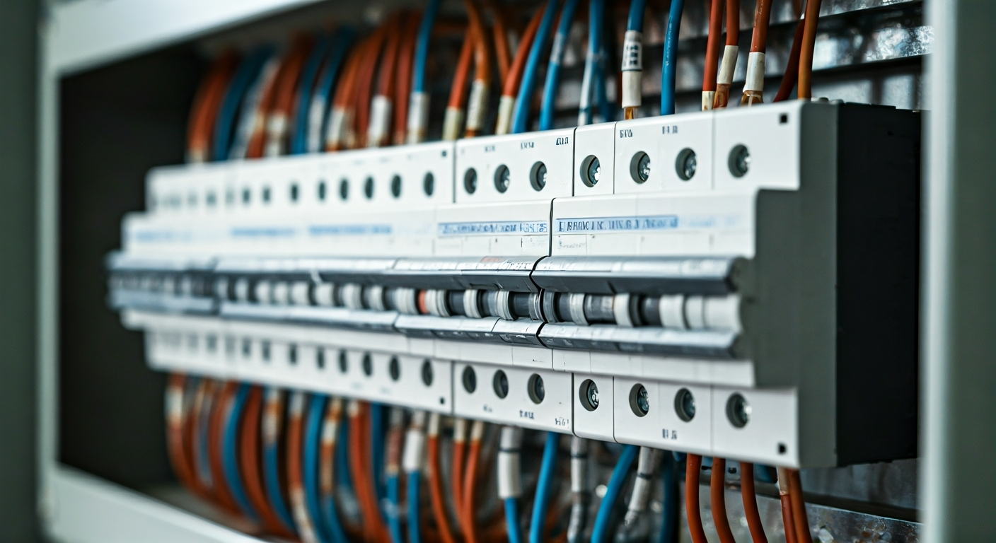 Professional photography of a tidy electrical panel with clearly labeled circuit breakers. Soft, nat