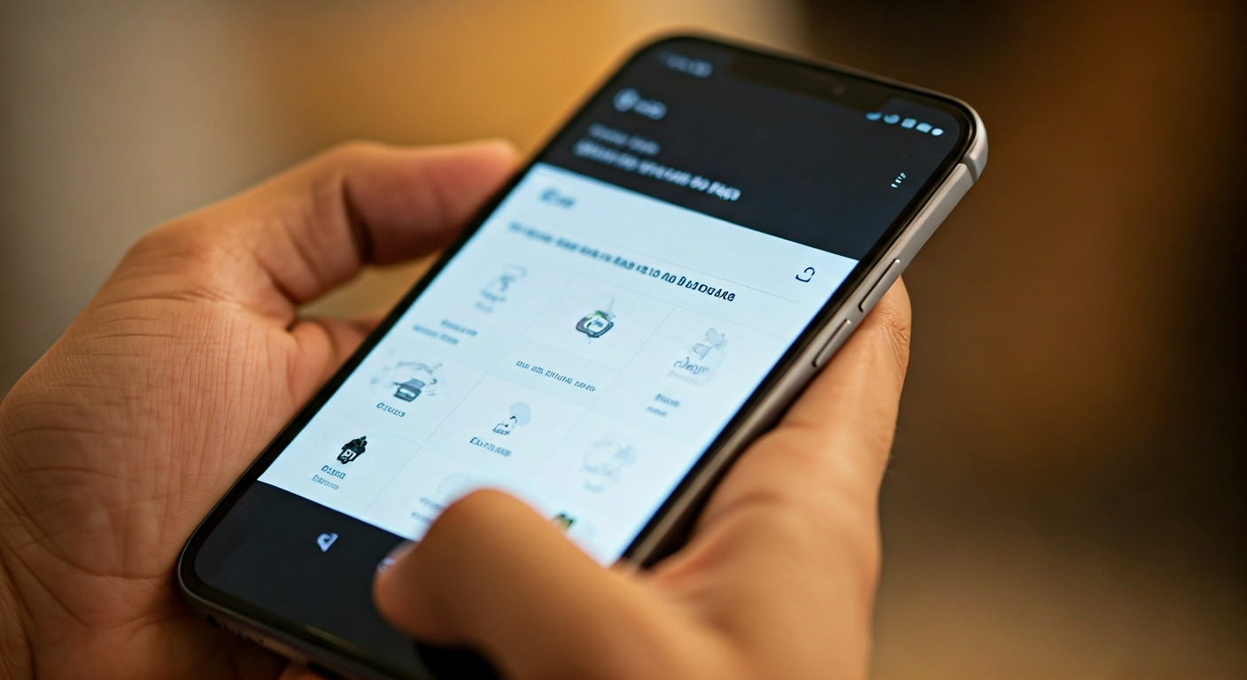 Close-up photo of a hand holding a smartphone displaying the Deixa Que Eu Faço app interface with mu