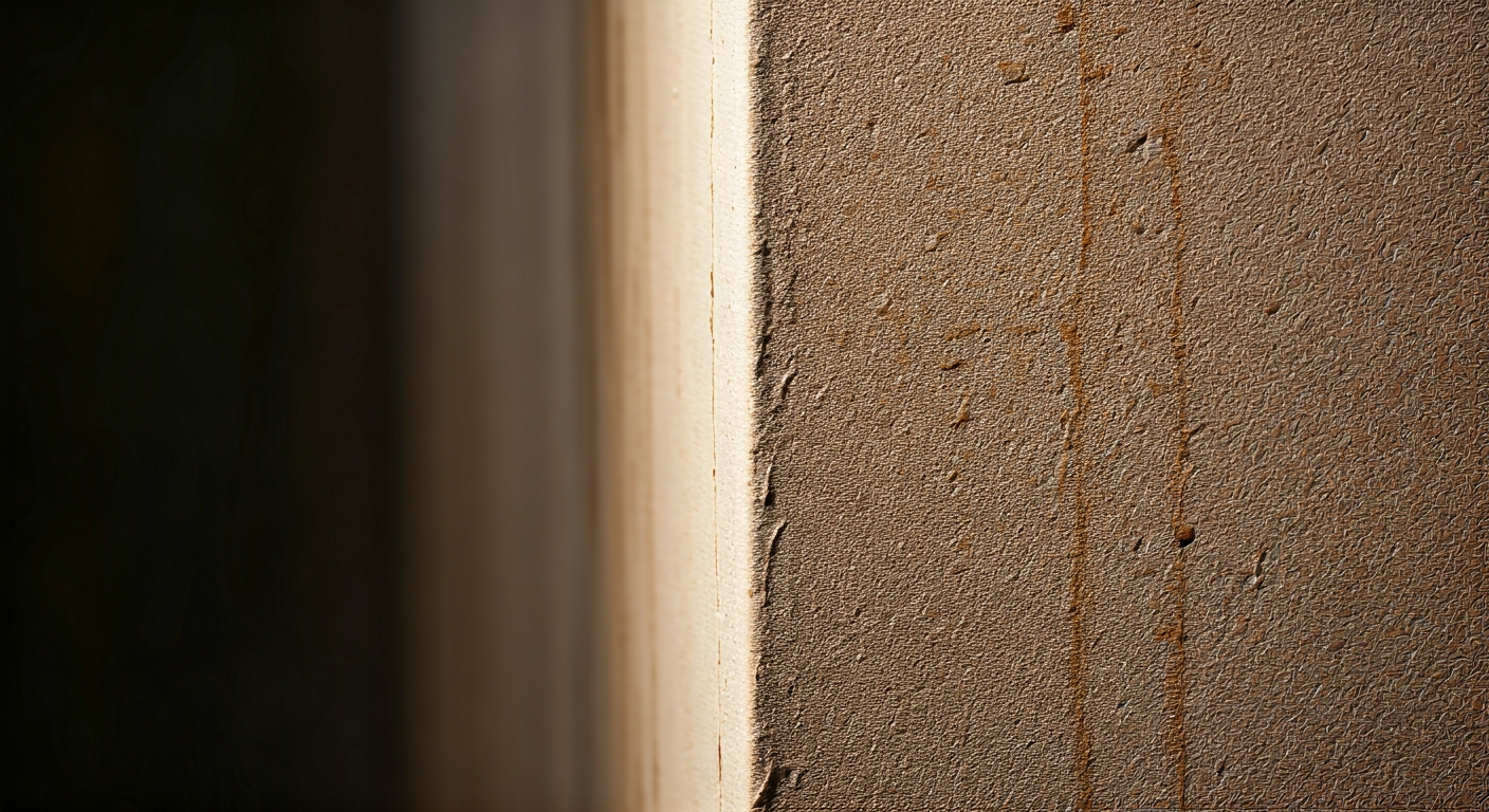 Close-up, professional photo of a wall corner showing subtle signs of moisture damage, with a focus