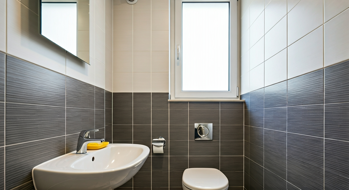 Professional photo of a bathroom interior with good ventilation, featuring clean tiles and a window