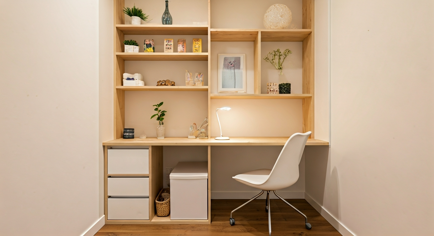 Professional interior photograph of a compact home office with a custom-built desk and integrated sh