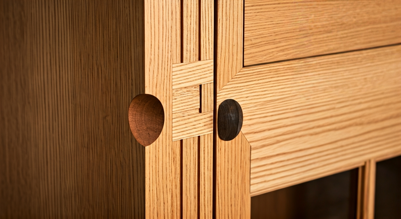 Close-up professional photo of intricate joinery details on a custom wooden cabinet, highlighting cr