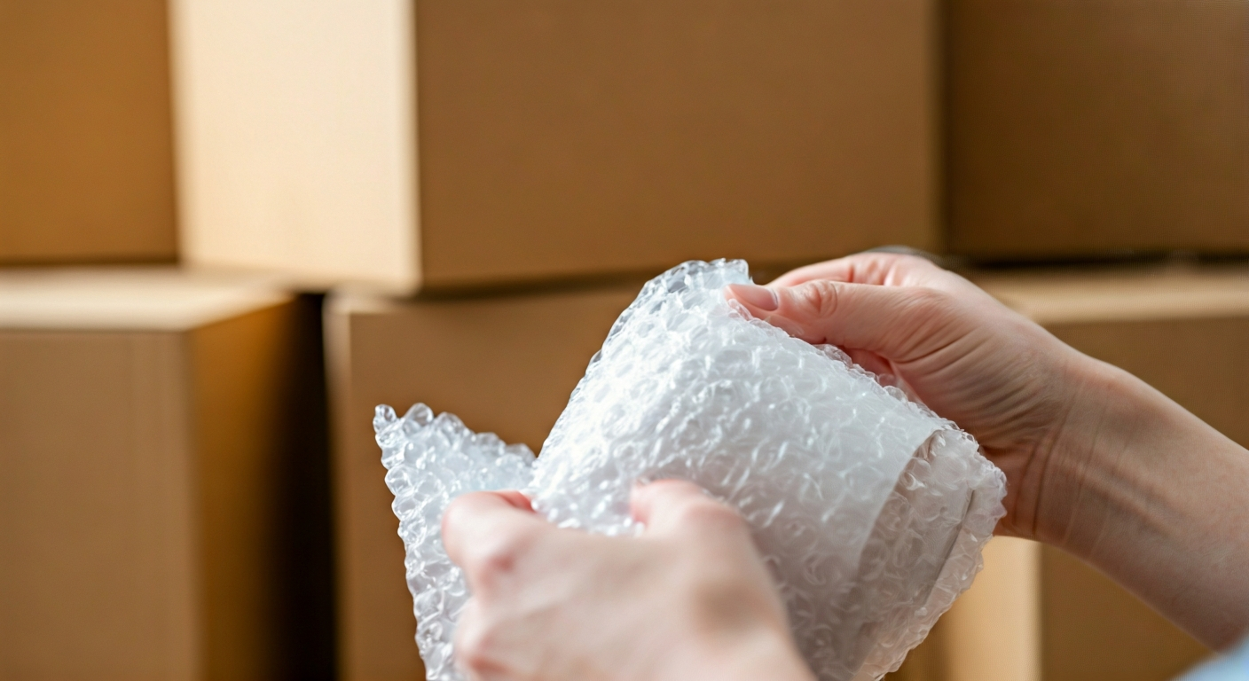 Close-up photo of hands carefully wrapping a fragile ceramic item in bubble wrap, with a stack of mo