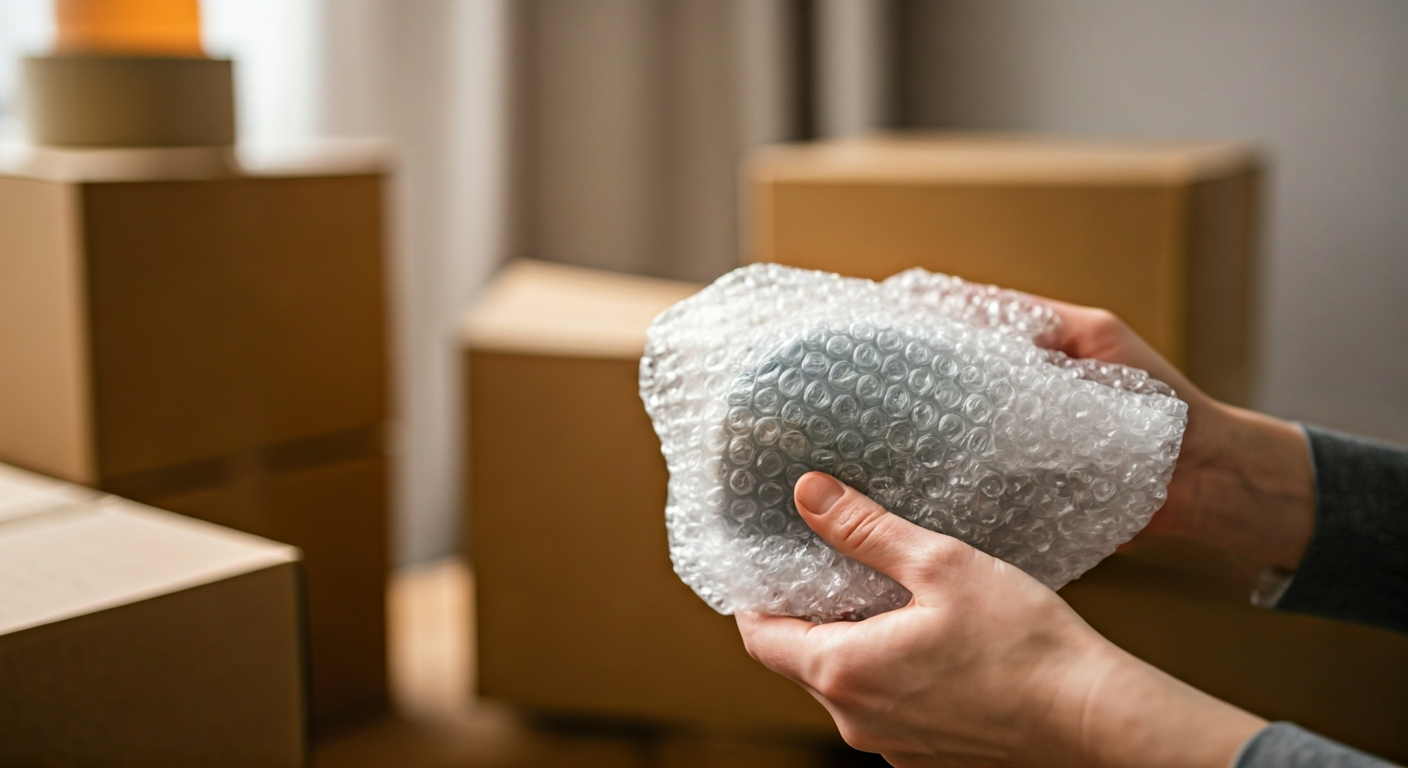Close-up photo of hands carefully wrapping a delicate vase with bubble wrap and packing tape, with a