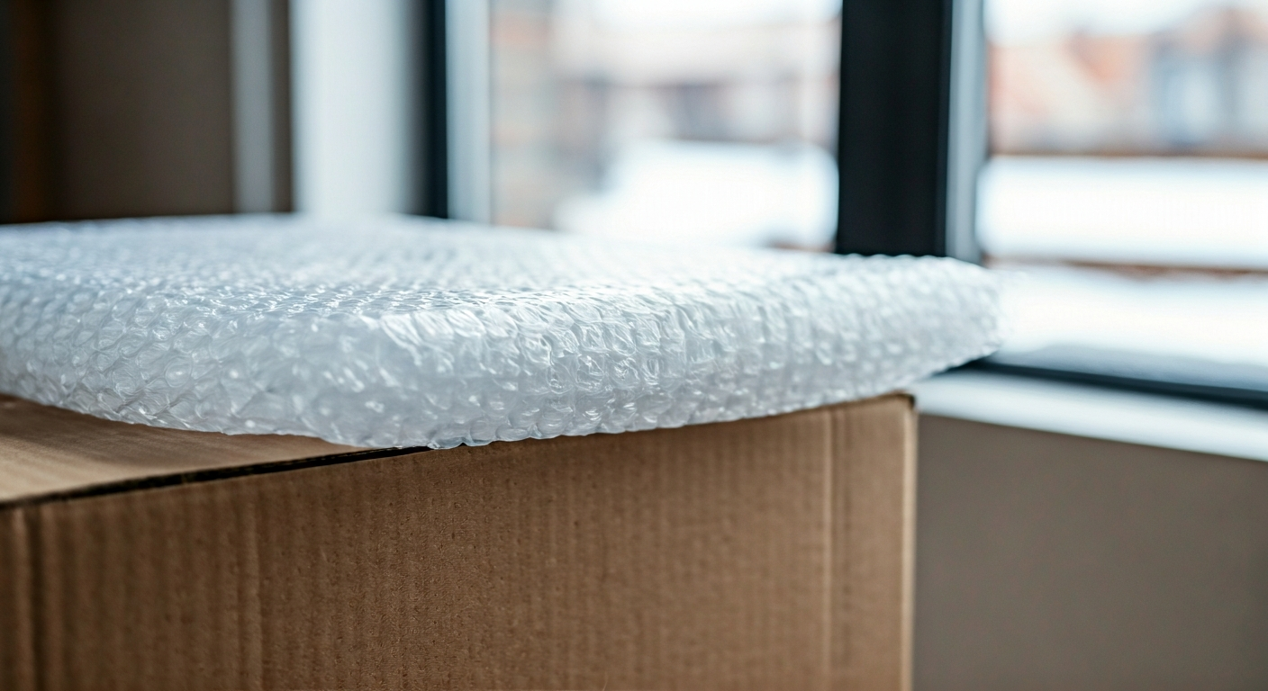 Close-up, professional photo of a moving box being carefully wrapped in thick bubble wrap and secure