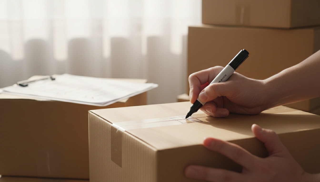 Close-up photo of a person's hands carefully labeling a moving box with a marker, a checklist visibl