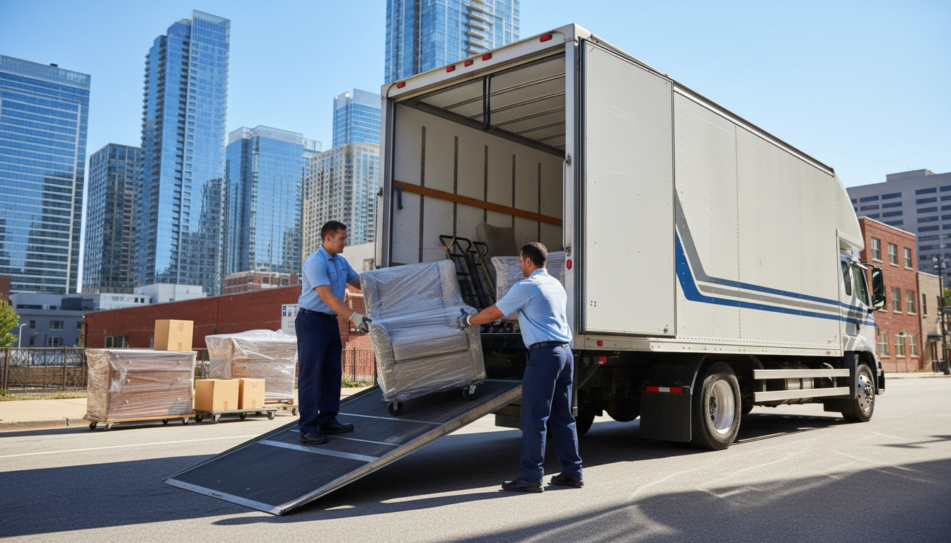 Professional photo of a moving truck being carefully loaded by two professional movers, wearing clea