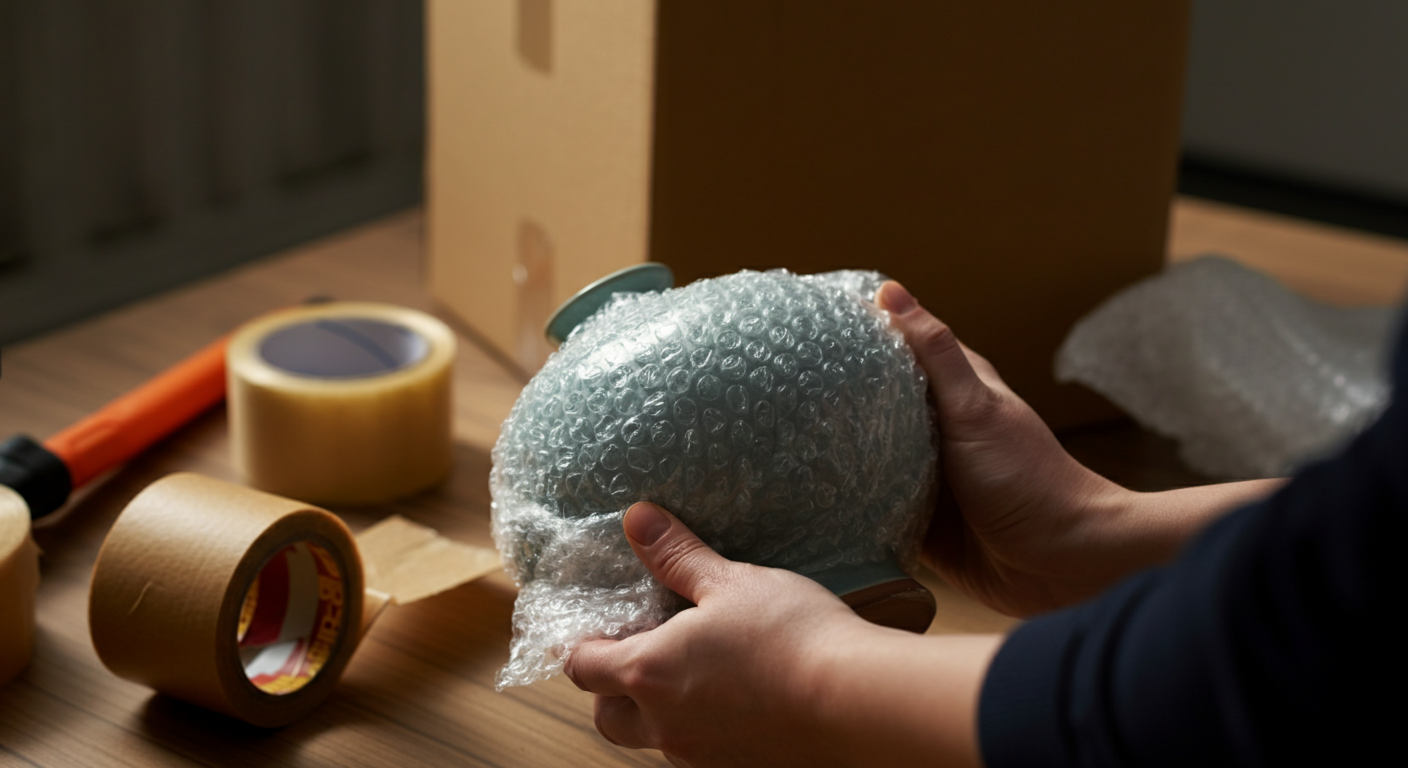Close-up photo of a person carefully wrapping a fragile ceramic vase in bubble wrap, with a moving b