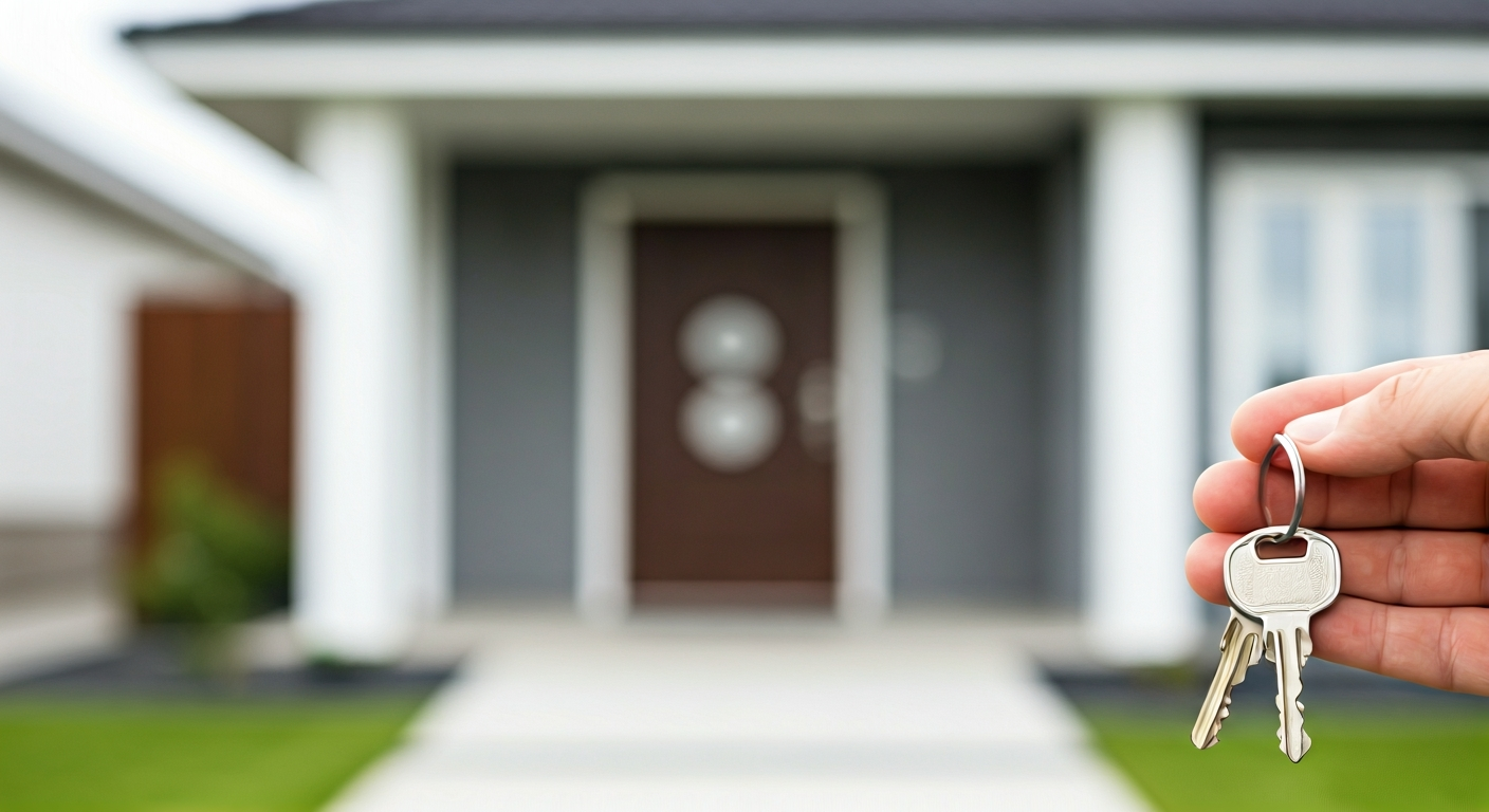 Close-up photo of a hand holding a set of keys, with a blurred background of a new house entrance. T