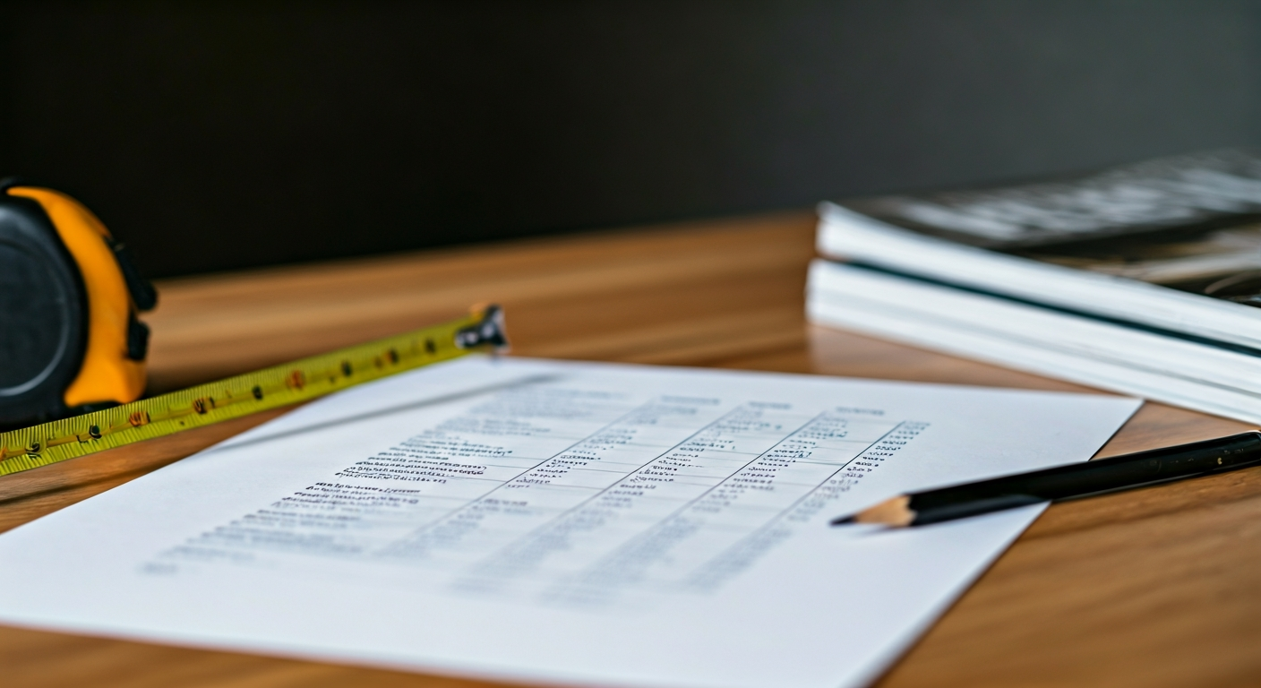 Close-up professional photograph of a detailed renovation budget spreadsheet on a wooden desk. Besid