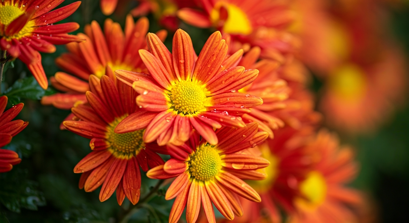 Close-up professional photo of a cluster of vibrant orange and yellow chrysanthemums in full bloom,