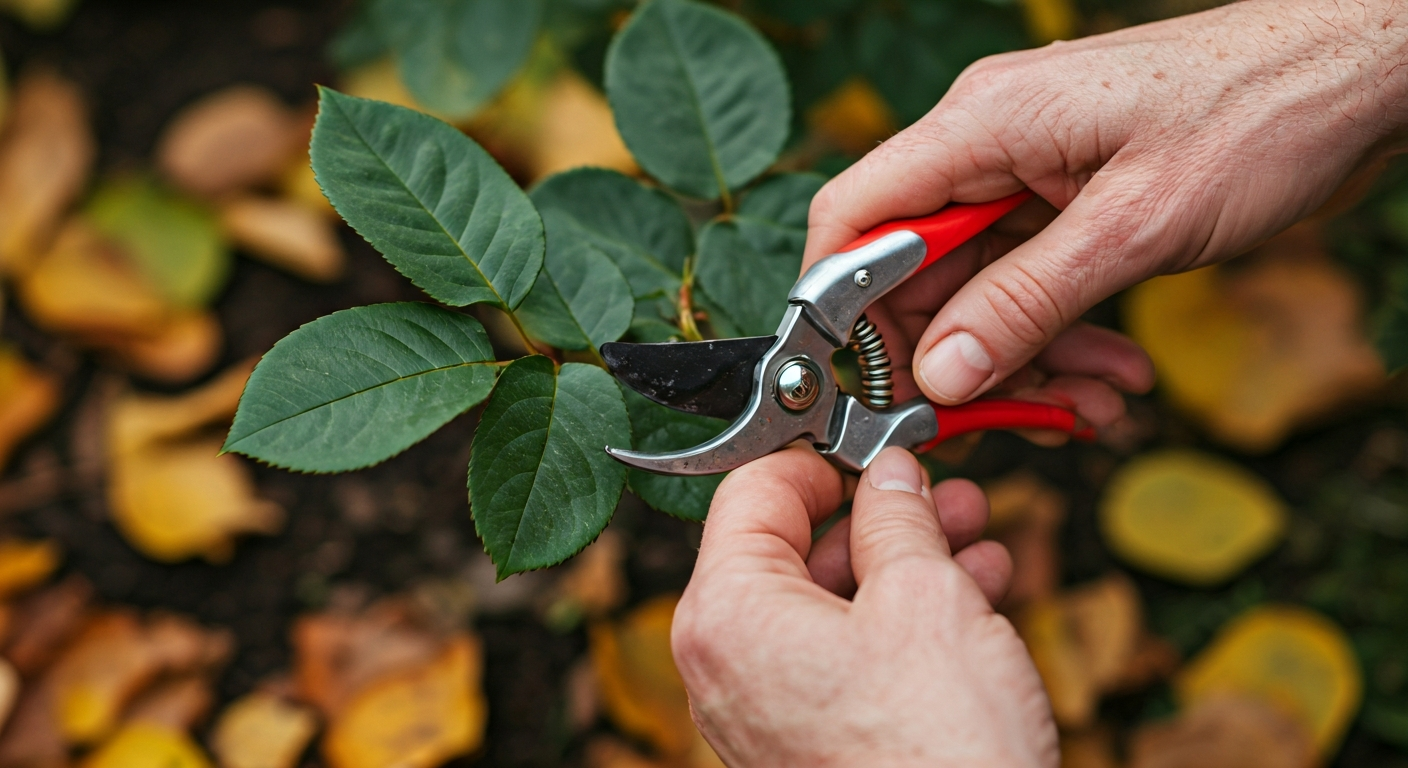 Close-up photo of a gardener's hands carefully pruning a rose bush with pruning shears, surrounded b