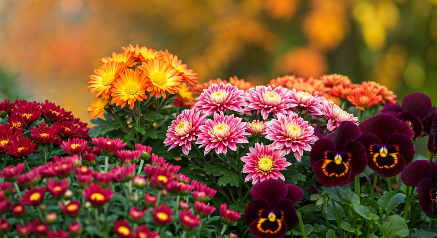 Professional photo of a variety of autumn and winter blooming flowers like chrysanthemums and pansie
