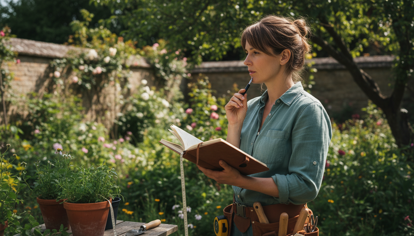 Close-up photo of a woman in a backyard, holding a notebook and pen, looking at the garden space tho