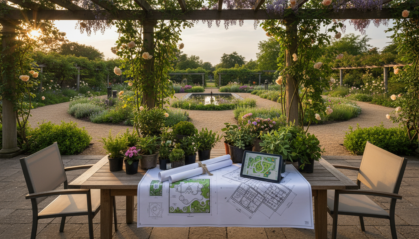 Professional photo of a landscape designer and a client sitting at a table outdoors, discussing gard