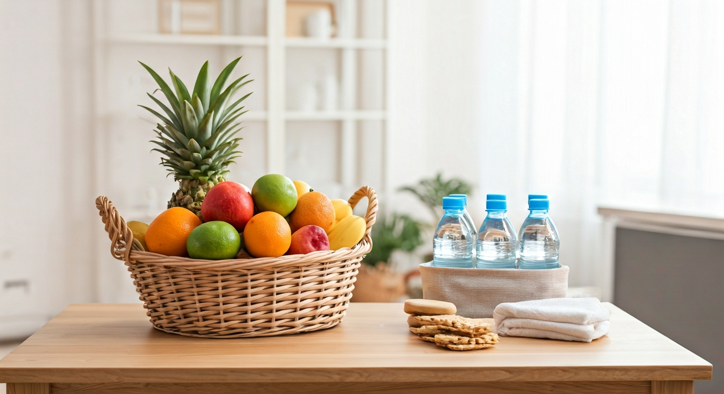 Professional photo illustrating a clean and organized home kitchen or living area with a basket of f