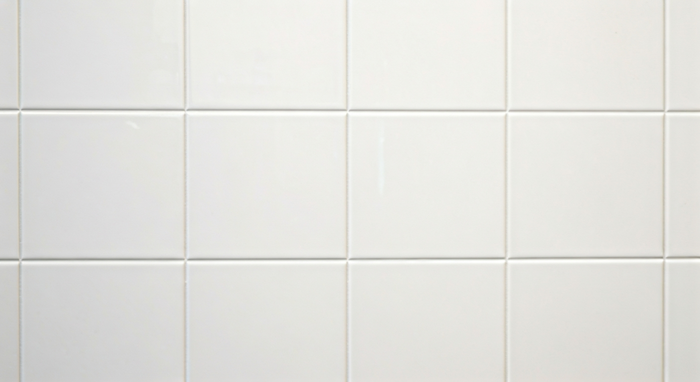 A professional photo of a newly renovated bathroom wall with perfectly aligned, glossy ceramic tiles