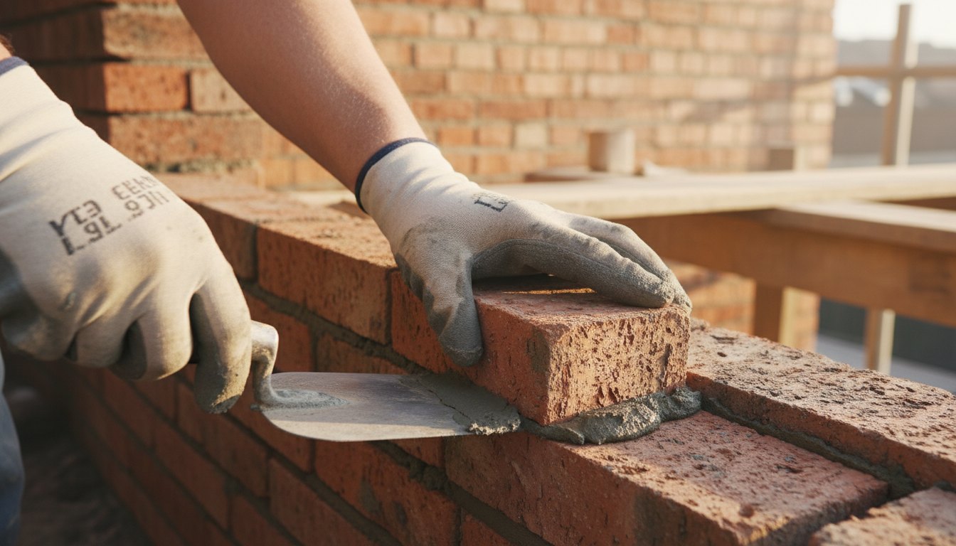 Close-up photo of a skilled bricklayer's hands meticulously laying bricks, demonstrating precision a