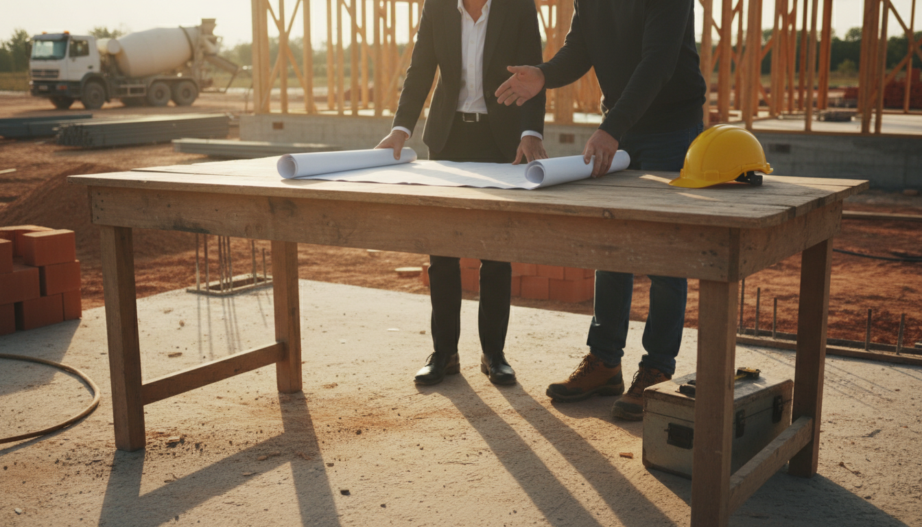 Professional photo of a client discussing project plans with a contractor or pedreiro on a construct