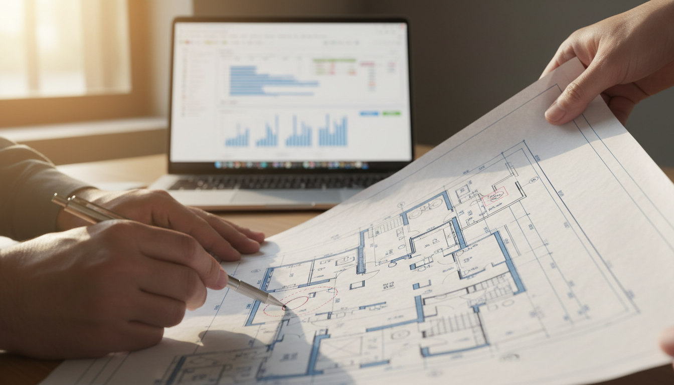 Close-up photo of hands holding a detailed construction blueprint and a pen, highlighting specific s