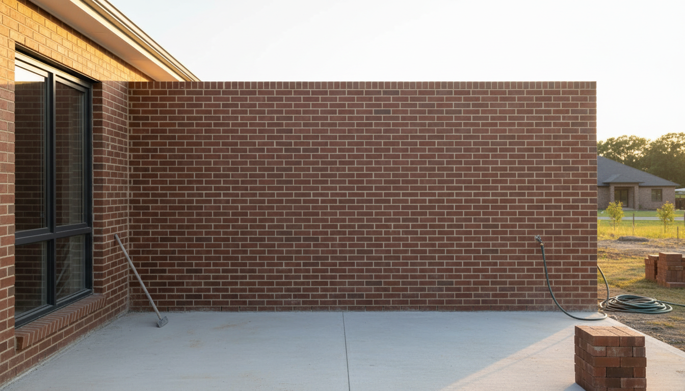 Professional photo of a homeowner shaking hands with a bricklayer on a finished, clean construction