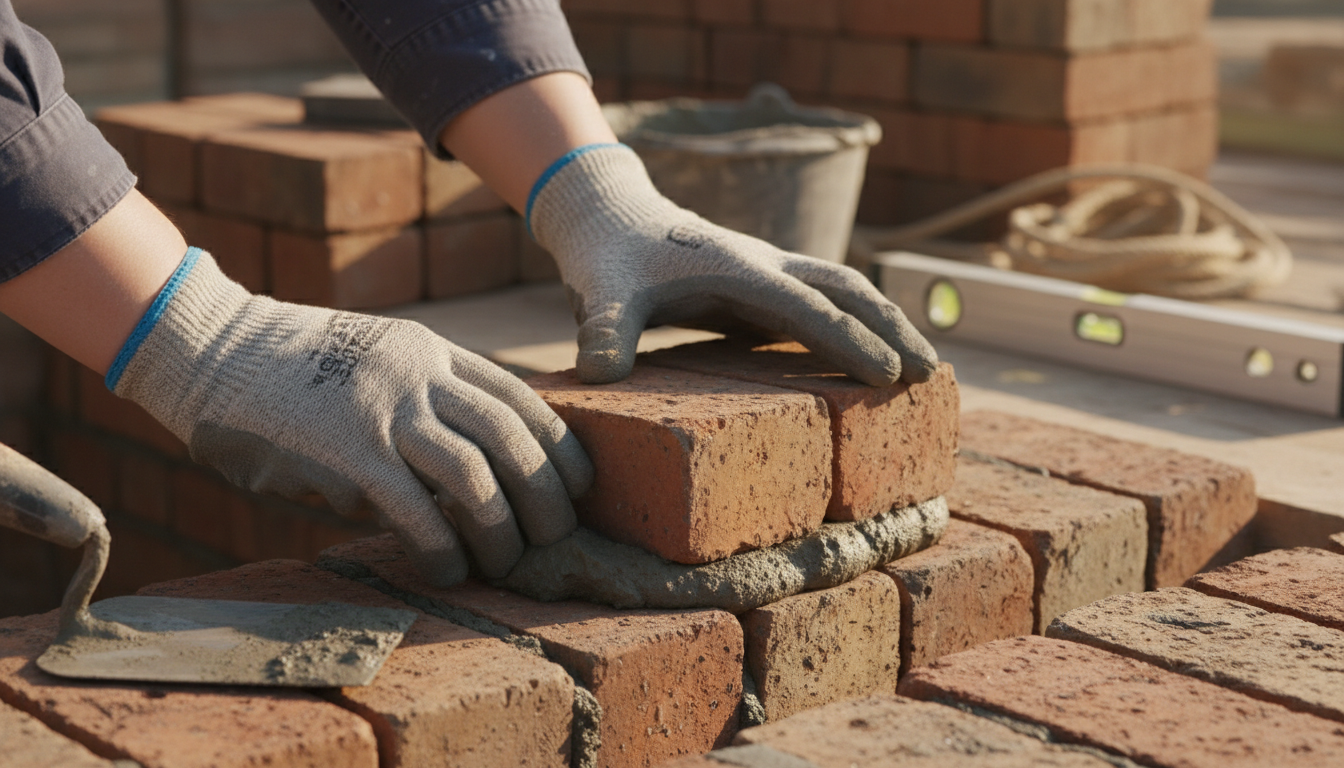 Close-up photo of a bricklayer's hands meticulously laying bricks with mortar, wearing gloves. The f