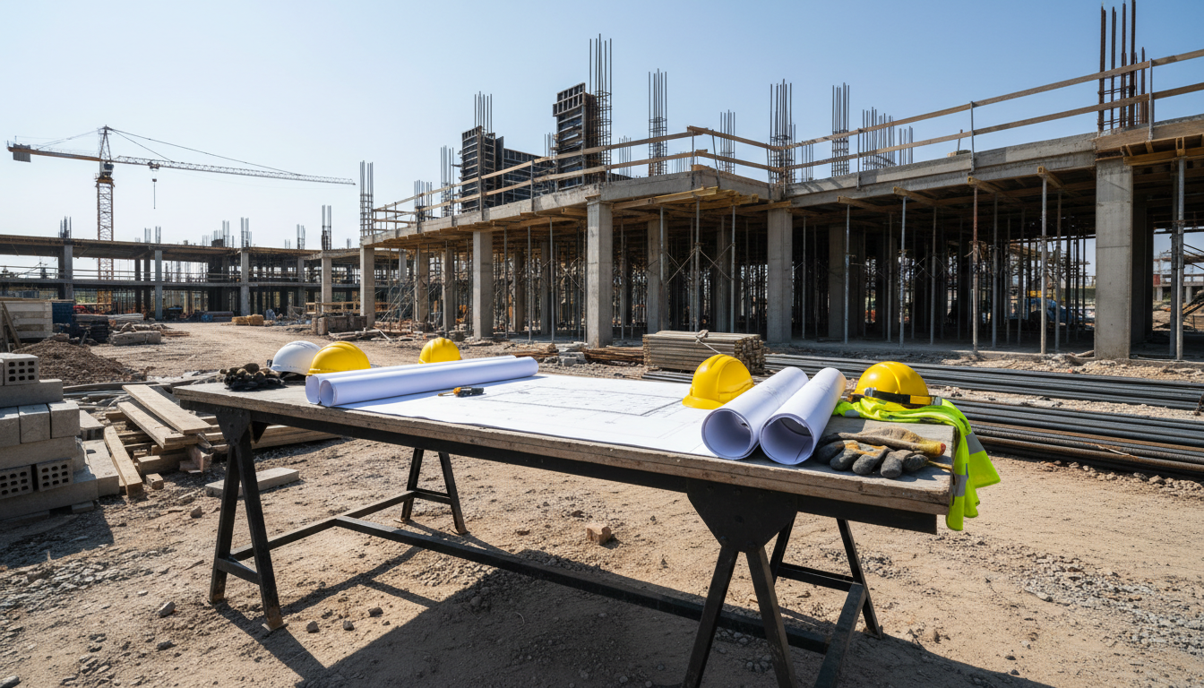 Professional photo of a group of construction workers, including a foreman and a bricklayer, reviewi