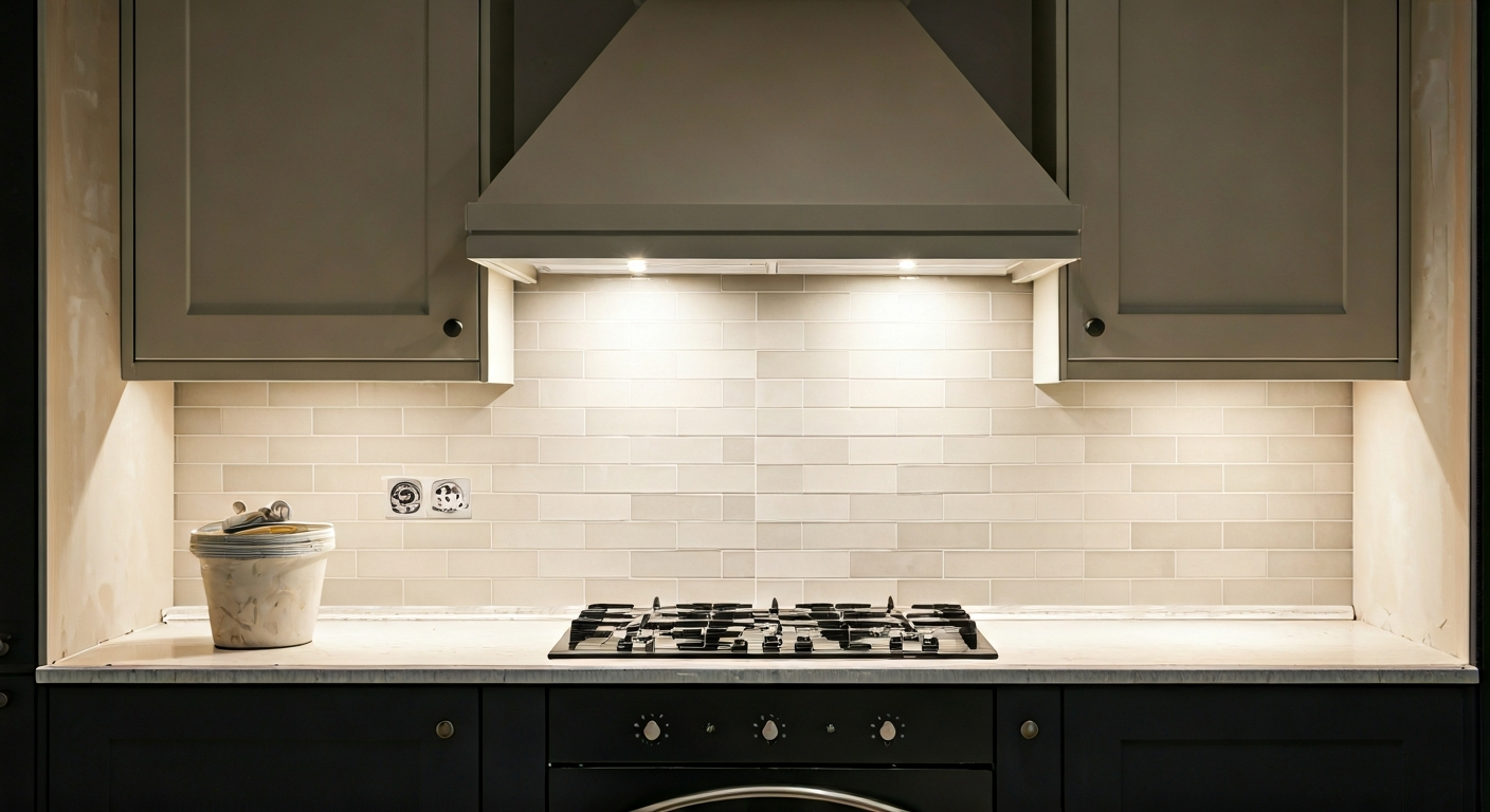 Professional photograph of a beautifully renovated kitchen interior, highlighting a newly tiled back