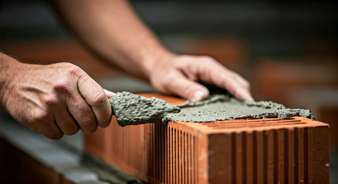 Close-up professional photograph, warm lighting, of a mason's hands carefully applying mortar to a b